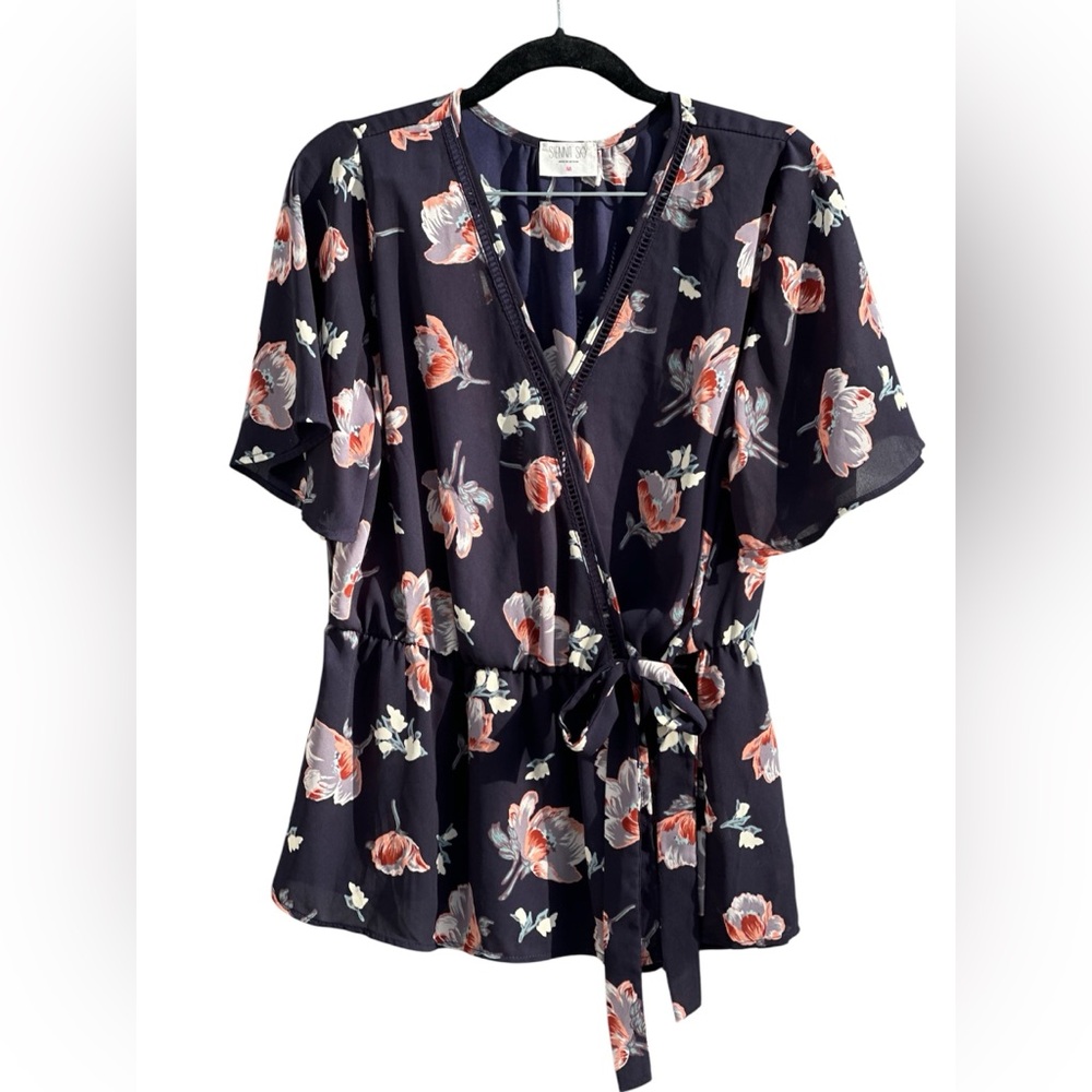 Sienna Sky Navy and Coral Floral Blouse- Large